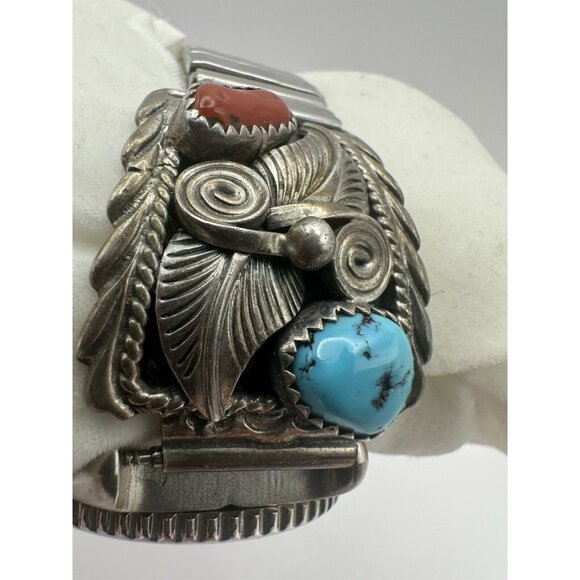 Vintage Mens Watch with Navajo Made Sterling Silver Turquoise Coral Watch Tips - Picture 3 of 11